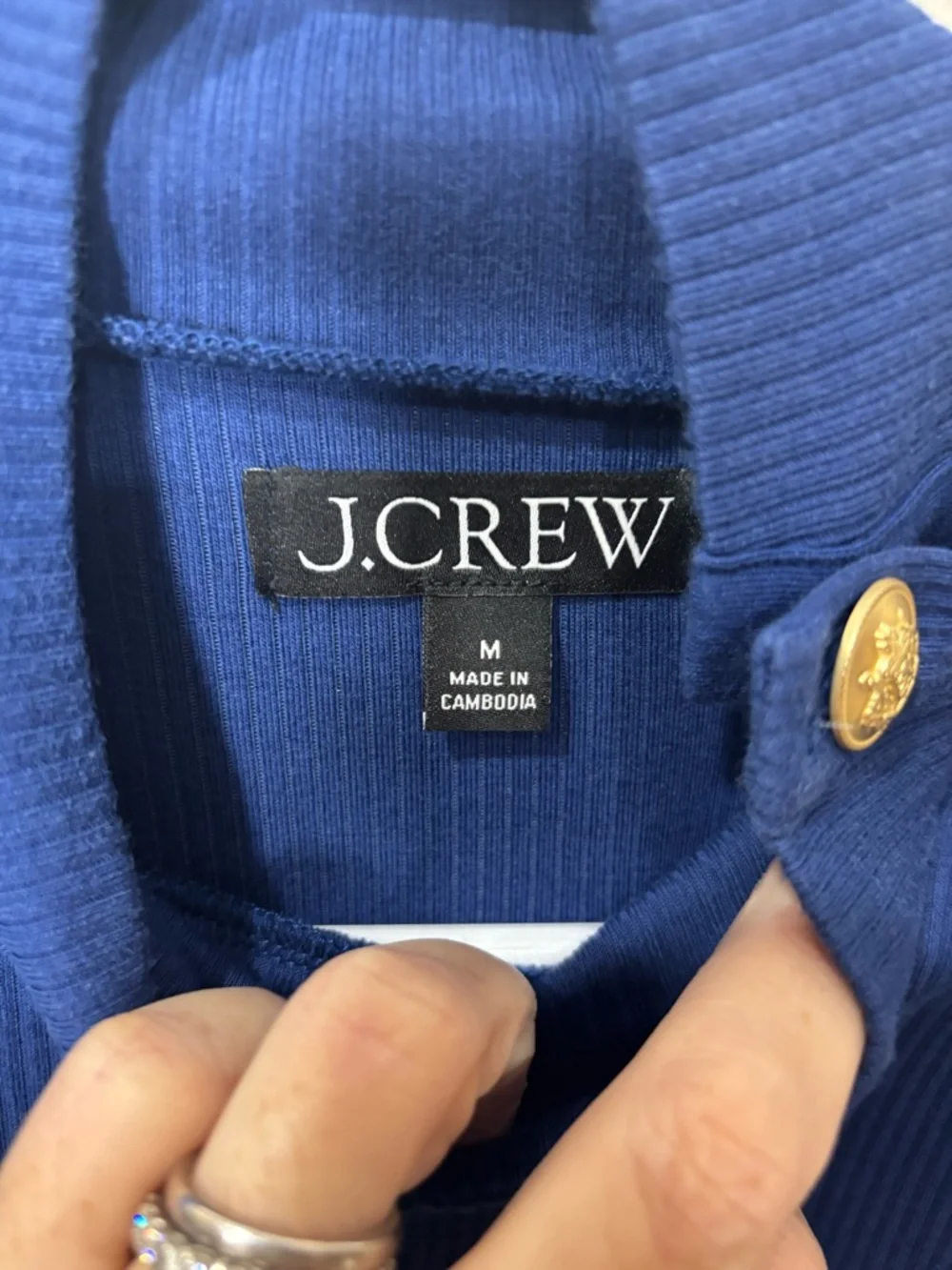 J. Crew Ribbed Turtleneck Top M Royal Blue Gold‎ Button Shoulder Knit Sweater